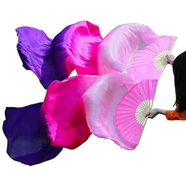 Imagem de Nimiman Véus femininos de seda para fãs de dança do ventre 1 par (esquerda + direita) leques longos de dança do ventre comprimento 180 cm largura 90 cm (rosa rosa roxo)