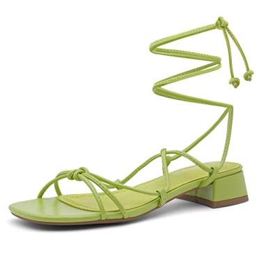 Imagem de Shoe Land Sandália feminina SL-Danica com cadarço de salto baixo com bico aberto e amarrado, verde-limão, 6.5