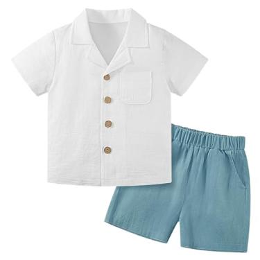 Imagem de Weixinbuy Conjunto de roupas para bebês meninos, roupa de verão, algodão, linho, manga curta, bolso superior, camisa de botão, conjunto curto, Branco e azul, 2-3 Anos
