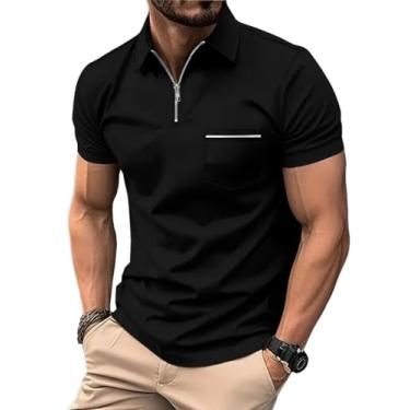 Imagem de ZITY Camisa polo masculina, casual, clássica, leve, de manga curta, gola de golfe com bolso, Preto, 3G
