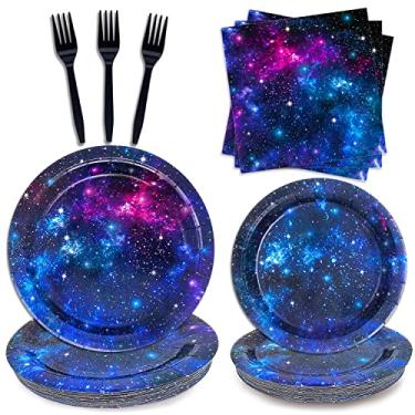 Imagem de Conjunto de utensílios de mesa para festa de galáxia espacial, decorações de festa de aniversário, planeta estrelado, sistema solar, pratos de papel, guardanapos, garfos para 24 convidados