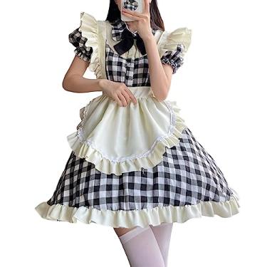 Imagem de Lainuyoah Avental de empregada francesa de anime Lolita roupa de fantasia com cadarço cosplay gravata borboleta fantasia fantasia Oktoberfest Lolita preto, GG
