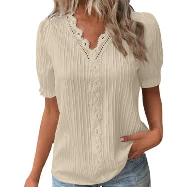 Imagem de Lainuyoah Camisetas soltas femininas de verão de manga curta texturizadas, gola V, acabamento em renda, lisa, casual, básica, blusas, Bege A, 4G