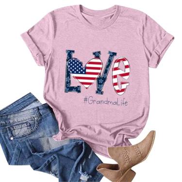 Imagem de Camisetas femininas com bandeira americana, manga curta, estampa Love Grandma Life, Dia da Independência, patriótico, casual, caimento solto, rosa, P