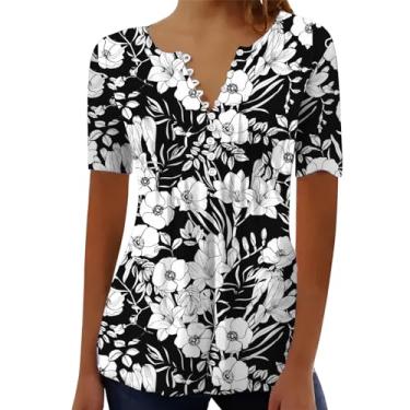 Imagem de Camisetas femininas de linho, casual, de manga curta, com botões, caimento solto, blusa básica plissada, roupas para sair, Branco - C, M