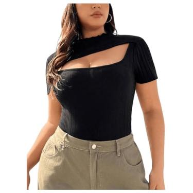 Imagem de SOLY HUX Camiseta feminina plus size recortada manga curta canelada sexy gola redonda slim fit tops, Preto liso, G Plus Size