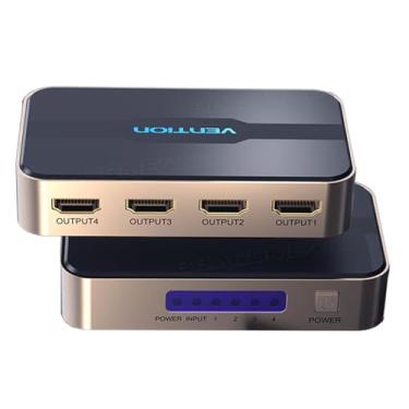 Imagem de Splitter Hub HDMI 1x4 VENTION Multiplicador de Telas 1x4 Uma entrada 4 Saídas 4K a 30Hz Para Ps4 Xbox Tv Pc Replica a MESMA IMAGEM para até 4 Telas, Com Fonte, Aluminio
