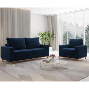 Imagem de Conjunto Estofado Living 3 Lugares e 1 Poltrona Napoles Veludo Azul - Casa Giulia
