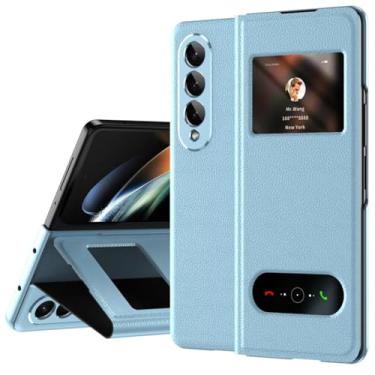 Imagem de Capa de couro com flip magnético com buraco, para samsung galaxy z fold4 fold3 fold5 fold 5 4 3 2 capa de livro folio retrô, azul celeste, para z fold6