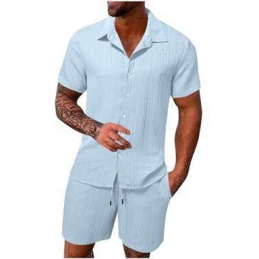 Imagem de Generic Conjunto de shorts masculinos de linho de renda para verão outono combinando com 2 peças, camisetas e shorts masculinos 2024, B-284 Azul royal claro, 3G