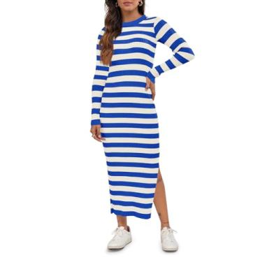 Imagem de Wenrine Vestido feminino listrado manga comprida gola redonda malha slim fit dividida outono vestido midi casual, Azul, G