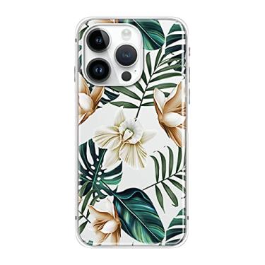 Imagem de Blingy's Capa para iPhone 14 Pro Max, estampa de flores da selva tropical com design de folhas de palmeira, capa transparente protetora de TPU (poliuretano termoplástico) macia e transparente, compatível com iPhone 14 Pro Max de 6,7 polegadas (samambaia pétala branca)