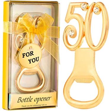 Imagem de Winocbxt Pacotes de 50 unidades douradas com 50 abridores de garrafas para lembrancinhas de festa de 50 anos ou presentes de festa de aniversário de 50 anos de casamento, lembranças para convidados