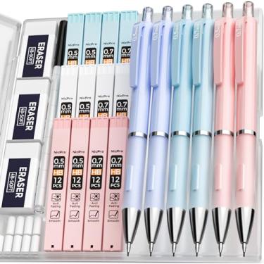 Imagem de Nicpro 6 Pçs Lapiseira Pastel 0,5 e 0,7 mm para escola, com 12 tubos de recarga de chumbo HB, 3 borrachas, 9 refis de borracha para estudantes, desenho, esboços, cores azul e rosa e violeta - com estojo