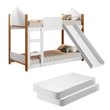Imagem de Mini Beliche Infantil Casa Samuel Branco Escorregador e Colchões - Mai
