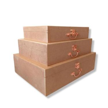 Imagem de Kit 3 Maletas Caixas Organizadoras Decoração Mdf Cru - ARTESANAL