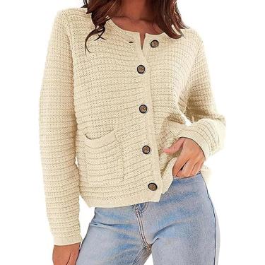 Imagem de Feminino outono e inverno cor sólida em torno do pescoço de malha commuter retro casual cardigan manga longa seção curta feminina, bege, xl