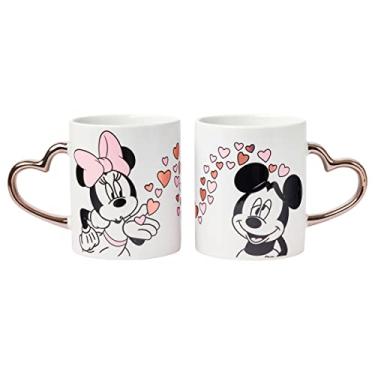 Imagem de Silver Buffalo Minnie Blowing Kiss to Mickey with Hearts Conjunto de canecas de cerâmica com alça dourada em forma de coração, 400 ml