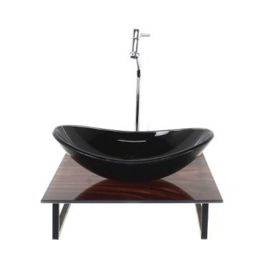 Imagem de Kit cuba de vidro oval 10mm com tampo de vidro 40cm x 40cm madeira nog