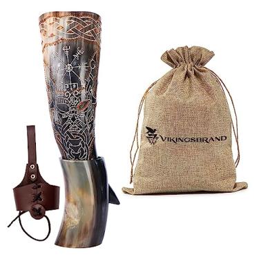 Imagem de Chifre Viking autêntico feito à mão - Caneca medieval nórdica de cerveja para vikings com suporte - Copo de bebida viking gravado à mão - Chifres de cerveja seguros para alimentos (Odin e Vegvisir -