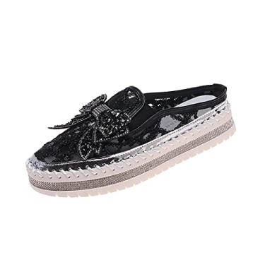 Imagem de Tênis feminino de strass com glitter, moderno, bonito, laço, confortável, respirável, lona, costura à mão, mocassins sem cadarço casuais, Black Mules, 12 Wide
