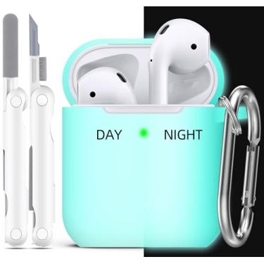 Imagem de R-fun Capa protetora compatível com AirPods, capa protetora de silicone macio com chaveiro para mulheres e homens, compatível com Apple AirPods 2ª geração, LED frontal visível, azul brilhante