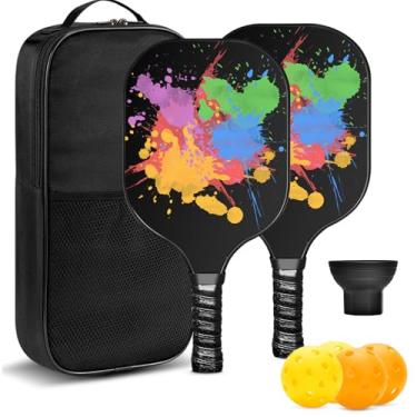 Imagem de Conjunto de 2 pás de pickleball de fibra de carbono inclui 4 bolas, 2 apanhadores de bolas, 1 bolsa de bola, melhores presentes para equipamentos de pickleball júnior e profissional (colorido)