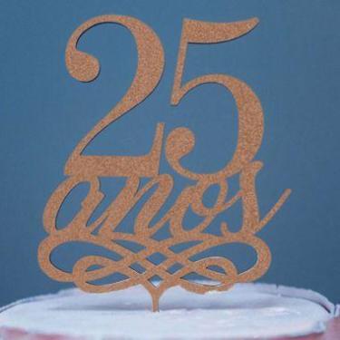 Imagem de Topo de Bolo 25 Anos Glitter Rose Gold Sonho Fino Rizzo Confeitaria