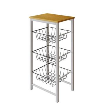 Imagem de Fruteira de Chão Cozinha Montada Aço Branco Tampo Canela Cesto Preto R