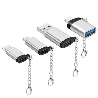 Imagem de Adaptador USB C Pacote com 4 Micro USB para USB C Adaptador USB C para USB-A USB C para USB Conversor Tipo C Adaptador OTG USB Tipo C Chaveiro Portátil para Huawei Mate Galaxy LG-Prata