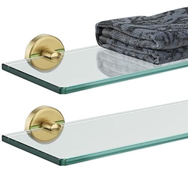 Imagem de JQK Prateleira de vidro para banheiro preta, armazenamento de chuveiro de vidro temperado 30,48 x 12,7 cm, suporte de parede de aço inoxidável 304 ouro escovado pacote com 2, TGS101L12-BG-P2