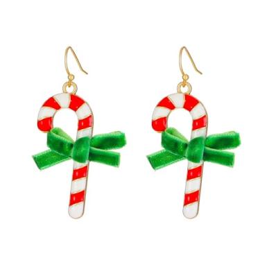 Imagem de Brincos pendentes de bengala doce de Natal para mulheres, dourado, vermelho, branco, esmaltado, verde, veludo, laço, muleta, pingente, anzol, leve, fofo, festival, joia, Medium, Esmalte, Sem pedra