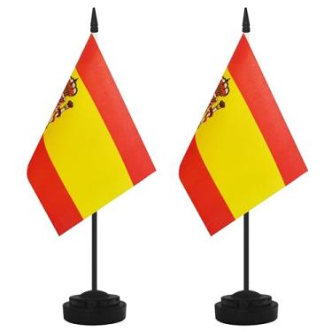 Imagem de Conjunto de 2 bandeiras de mesa da Espanha, mesa espanhola pequena em miniatura com poste preto de 30 cm e base preta, escritórios, sala de aula, casa, decoração de festival (Espanha)