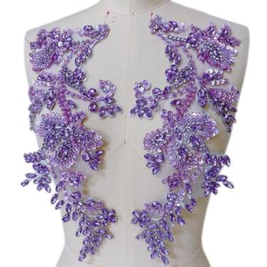 Imagem de Apliques de strass feitos à mão costurados em remendo de renda de cristal, 1 par para roupas DIY, vestido de casamento, decoração de fantasia multicolorida (roxo claro)