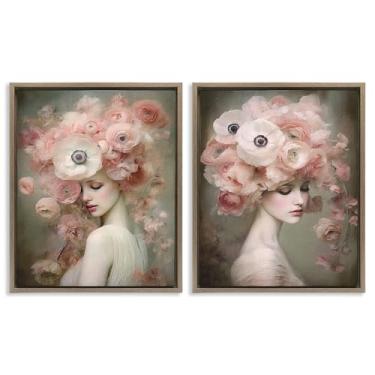 Imagem de Stupell Industries Conjunto de arte de parede em tela flutuante, 2 peças, coral, blush, feminino, figura feminina, design de RileyB, moldura flutuante marrom, 78 x 63 cm