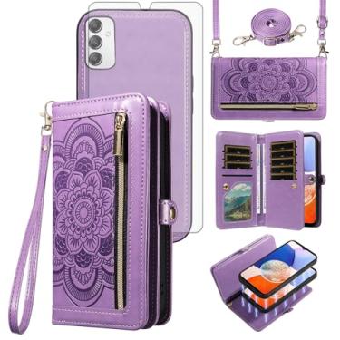 Imagem de Asuwish Capa de celular para Samsung Galaxy A14/M14 5G Carteira com zíper magnética destacável com protetor de tela de vidro temperado alça transversal porta-cartões de flores A 14 4G 14A 14M G5