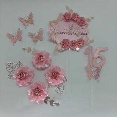 Imagem de Topo de Bolo 15 anos personalizado flores Rosê - MIWL ART