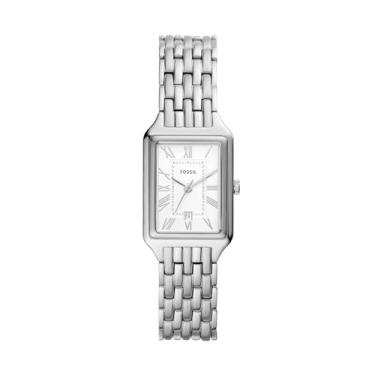 Imagem de Fossil Relógio feminino retangular de quartzo Racquel com pulseira de aço inoxidável ou couro, Prata, One Size, Relógio Raquel com 3 ponteiros - ES5221