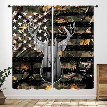 Imagem de Cortinas rústicas, vintage fazenda camuflada floresta vida selvagem caçador de alces camuflagem floresta bandeira americana estilo rural cortinas para quarto sala de estar cozinha janela 53 cm L x 114