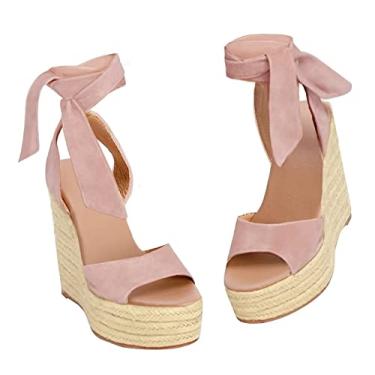 Imagem de Sandália feminina de alpargatas, salto alto, bico aberto, amarrar, plataforma, tira no tornozelo, sapatos sociais de verão, rosa, 36