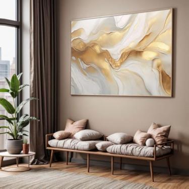 Imagem de Quadro com Moldura Sala Quarto 90x60 Abstrato Dourado Branco Mármore Decorativo Horizontal Grande Hall