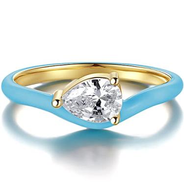 Imagem de BLOSSOM & HUE Anel de esmalte turquesa | Solitário em forma de pera Leste-Oeste CZ | Esterlina Banhado a Ouro 18K - Esmalte Colorido, Metal