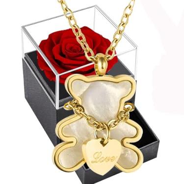 Imagem de Presentes de Dia das Mães para a mamãe, caixa de rosas vermelhas com colar de ursinho de pelúcia, rosa eterna com pingente banhado a ouro real 18K para mulheres, rosa real preservada para sempre com colar de aço de titânio, caixa de flores encantadas.
