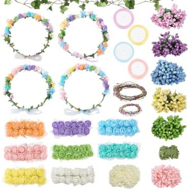 Imagem de INFUNLY 26 conjuntos de coroas de flores faça você mesmo, kit de guirlanda floral feito à mão, faça sua própria guirlanda de flores e pulseiras florais para meninas, acessórios de cabelo para festa de