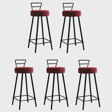 Imagem de Kit 05 Banqueta Alta Com Encosto Tina Eiffel Cozinha Bar Bistrô Ferro Preto Sintético Vermelho - Ahz Móveis