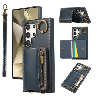 Imagem de Capa para celular Samsung GalaxyS23FE com carteira de cartão com zíper, alça de pulso destacável e suporte de anel de metal – Couro de grão de bezerro genuíno, 4 compartimentos para cartão, design