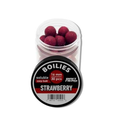 Imagem de Bait Nerd 30 peças, 16 mm, boilies solúveis premium natural morango | Isca de pesca de carpa | para equipamento de cabelo, chod Rig, alimentador plano | carpa, búfalo, peixe-gato (morango)