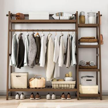 Imagem de Árvore De Bambu 3-em-1, Cabideiro Com 6 Prateleiras E Sapato Beh, Organizador De Roupas Pesadas Com Vara De Pendurar E Ganchos, Cabide Para Entrada Da Sala De Estar, A, 100x42x140cm