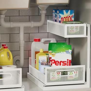 Imagem de Ufriandz Organizadores embaixo da pia de 2 camadas embaixo do armário com gavetas deslizantes, organizador sob a pia para banheiro, cozinha, prateleira durável, organização, economia de espaço, branco