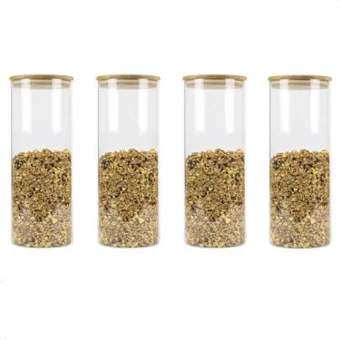 Imagem de Kit 4 Potes Herméticos Organizadores de Vidro Com Tampa de Bambu Condimentos Massas Macarrão Transparente 1650ml